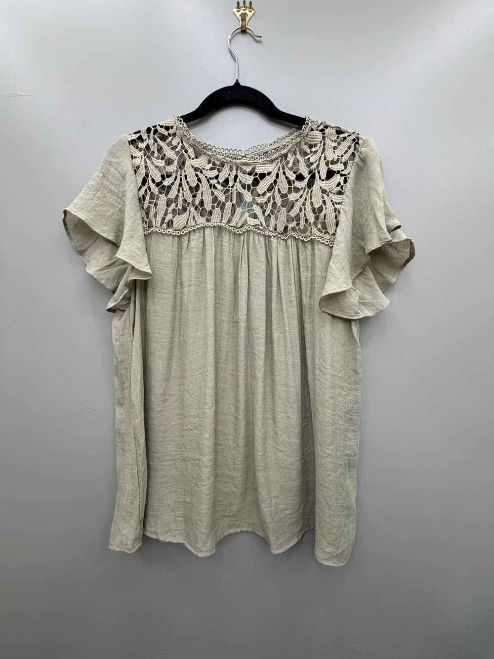 Perch by Blu Pepper Sage Green Lace Yoke Flutter Sleeve Boho Blouse XL